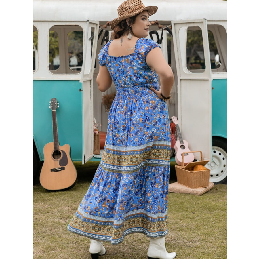 Plus Size Smocked Printed Cap Sleeve Dress Apparel and Accessories