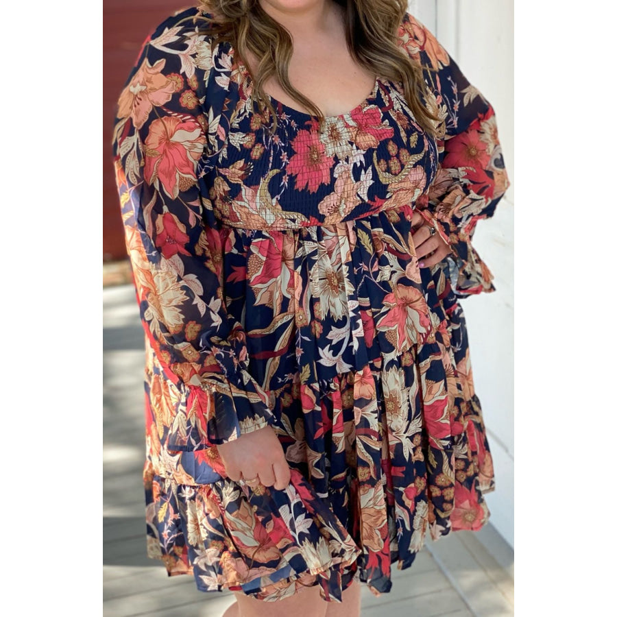 Plus Size Smocked Printed Long Sleeve Dress Apparel and Accessories