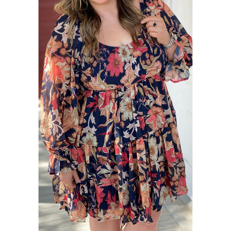 Plus Size Smocked Printed Long Sleeve Dress Apparel and Accessories