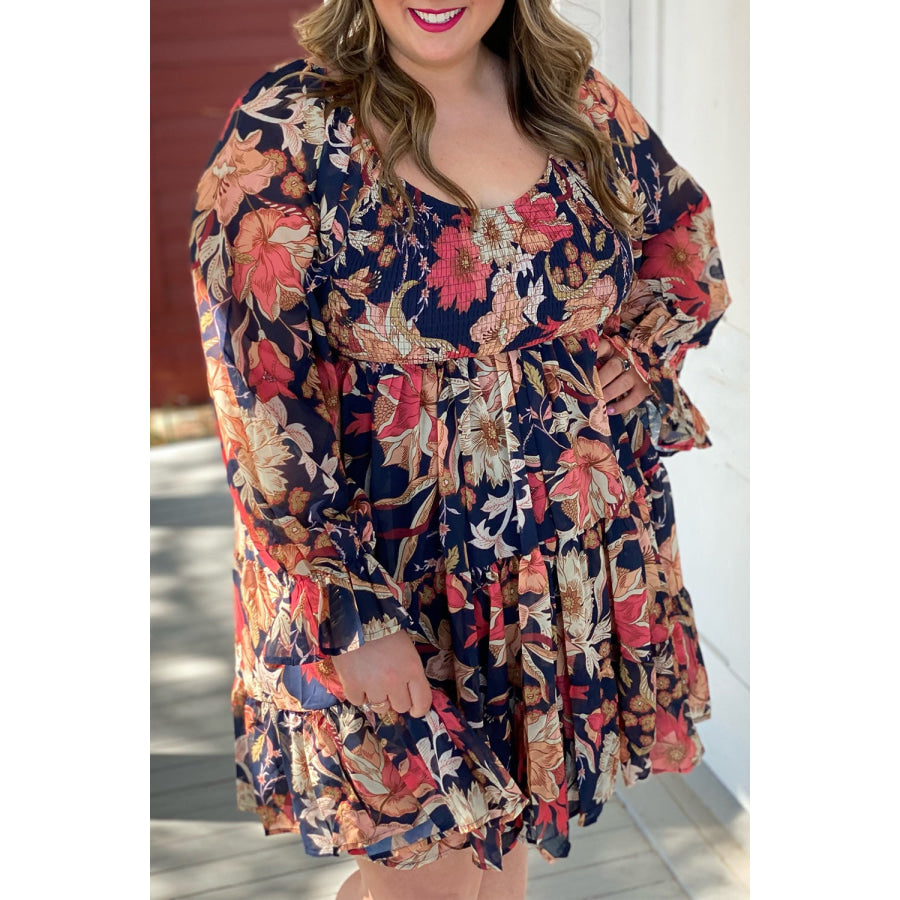 Plus Size Smocked Printed Long Sleeve Dress Black / 1X Apparel and Accessories