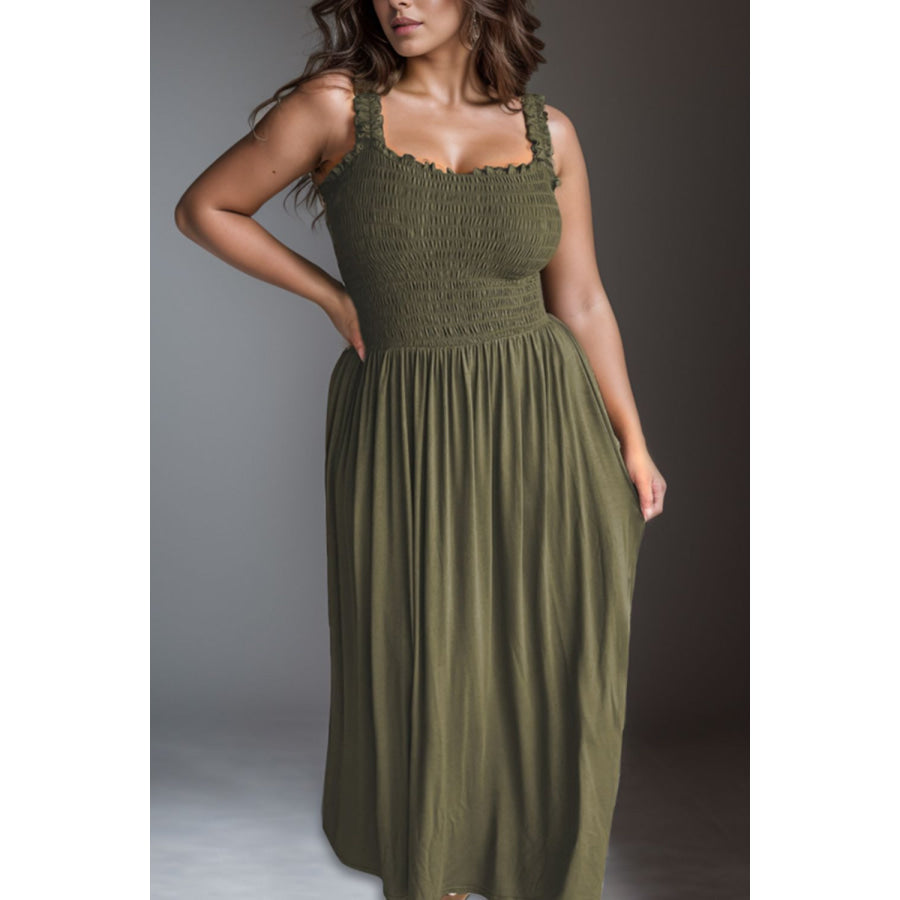 Plus Size Smocked Square Neck Maxi Dress Army Green / 1XL Apparel and Accessories