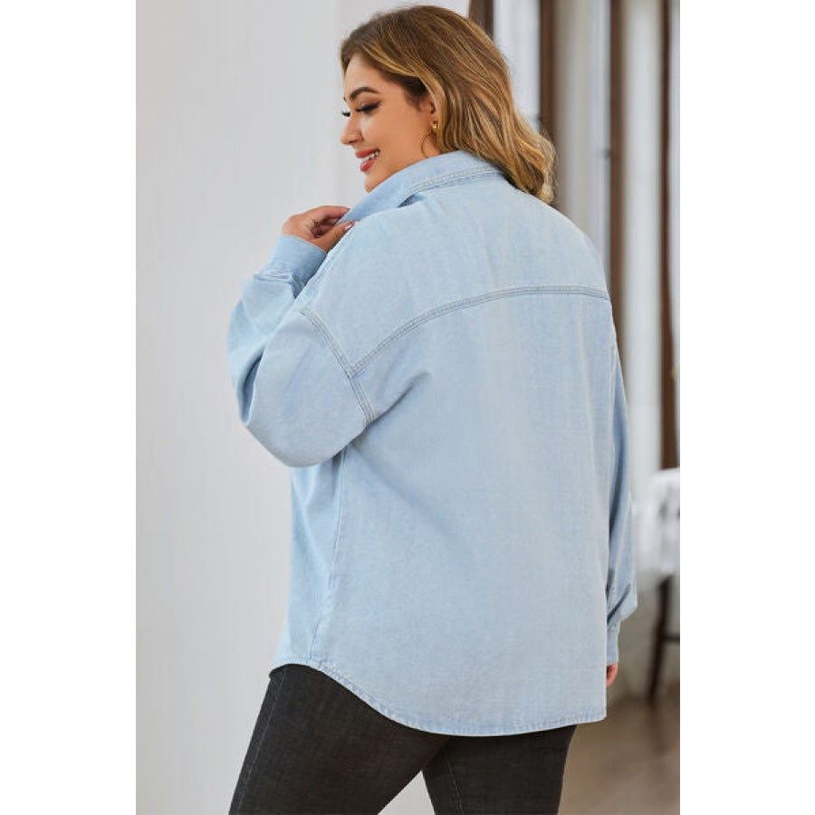 Plus Size Snap Down Pocketed Denim Jacket Clothing