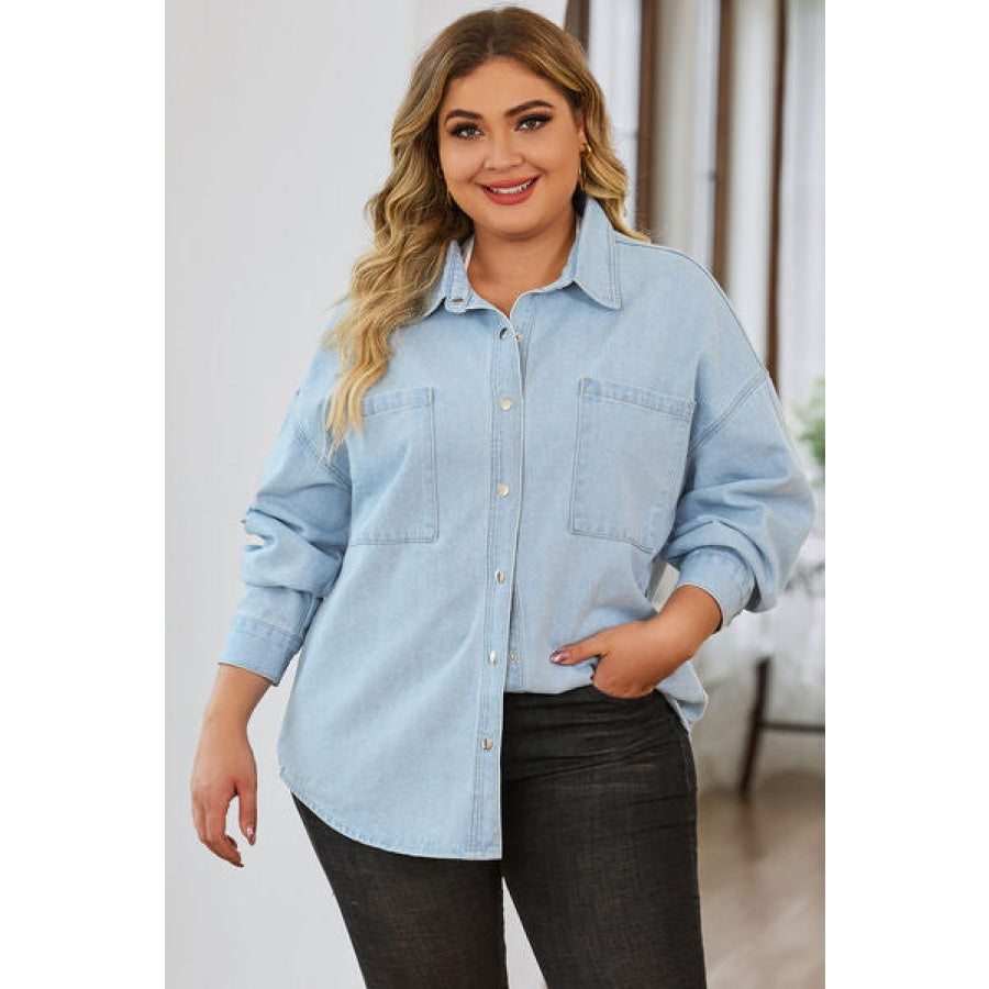 Plus Size Snap Down Pocketed Denim Jacket Clothing