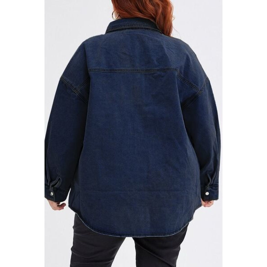 Plus Size Snap Down Pocketed Denim Jacket Clothing