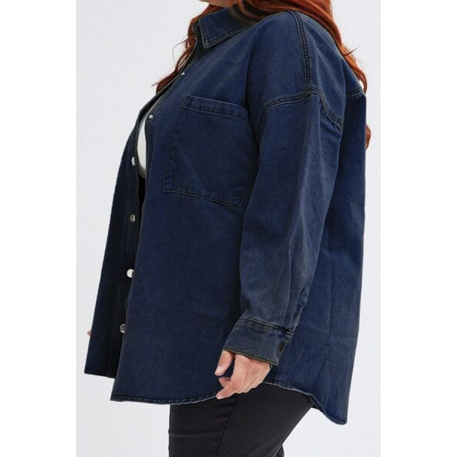 Plus Size Snap Down Pocketed Denim Jacket Clothing