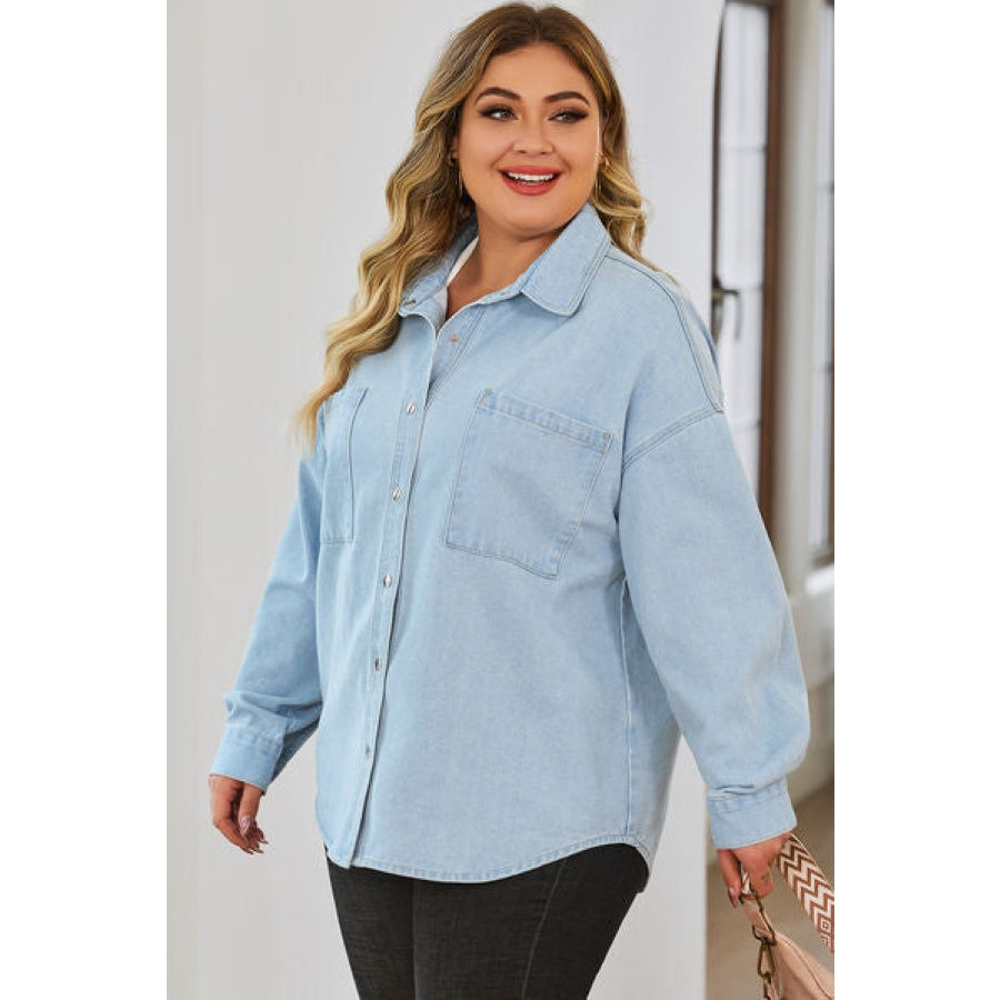 Plus Size Snap Down Pocketed Denim Jacket Clothing