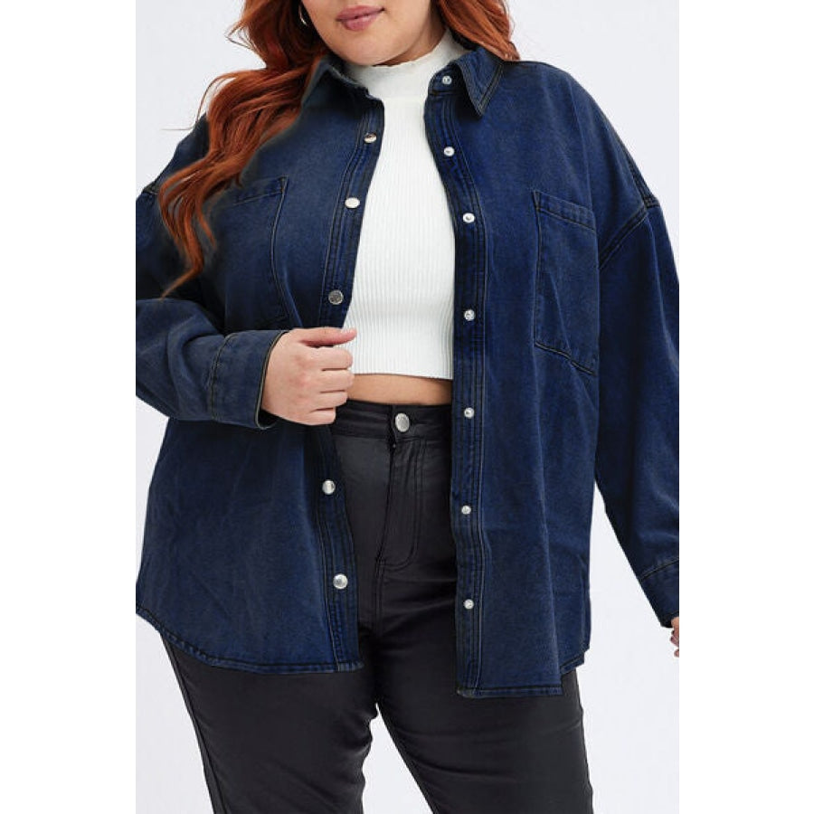 Plus Size Snap Down Pocketed Denim Jacket Dark / 1XL Clothing