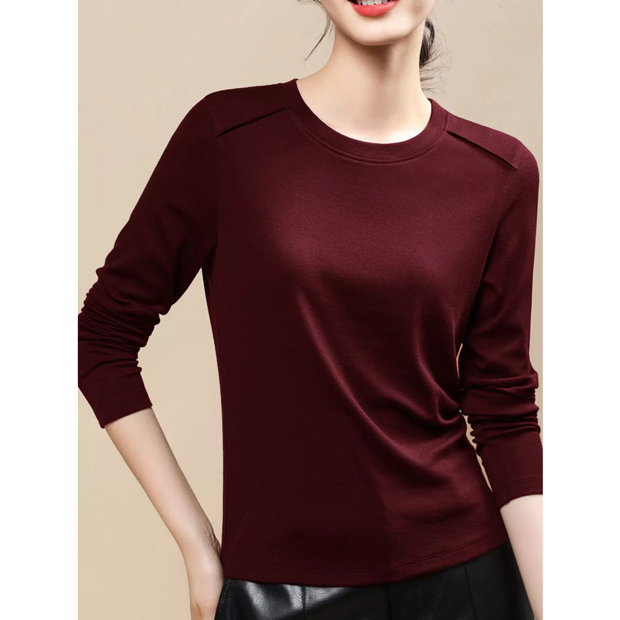 Plus Size Solid Long-Sleeve Crew Neck T-Shirt Ankara Red / M Apparel and Accessories