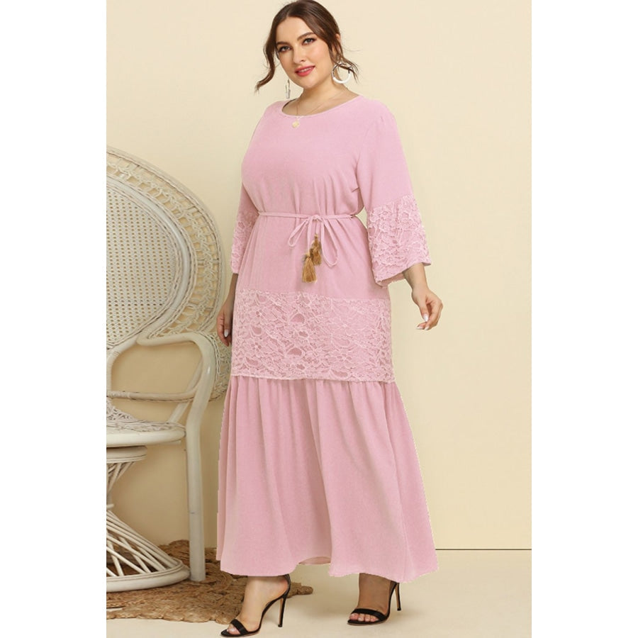 Plus Size Spliced Lace Tassel Belted Dress Blush Pink / XL