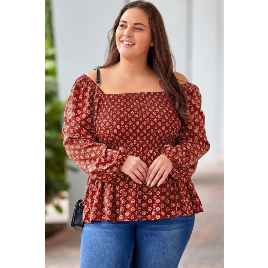 Plus Size Square Neck Balloon Sleeve Peplum Blouse Brick Red / 1XL