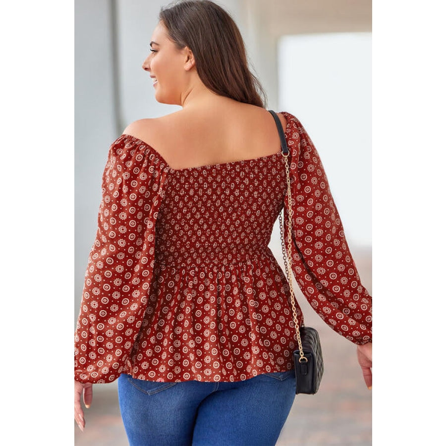 Plus Size Square Neck Balloon Sleeve Peplum Blouse