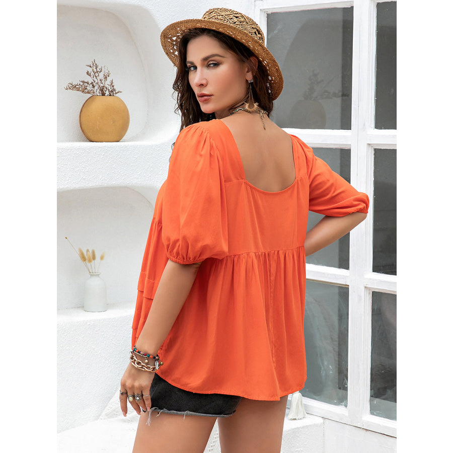 Plus Size Square Neck Half Sleeve Blouse Orange / 0XL Apparel and Accessories