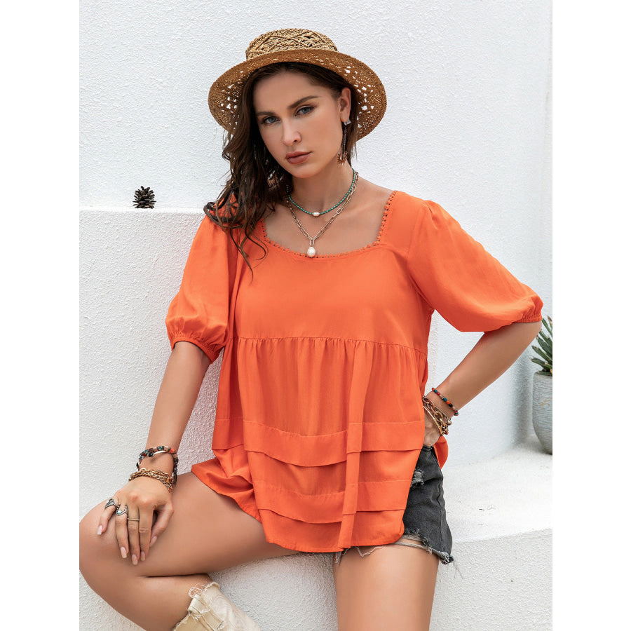 Plus Size Square Neck Half Sleeve Blouse Orange / 0XL Apparel and Accessories