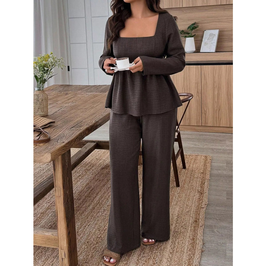 Plus Size Square Neck Long Sleeve Top and Pants Two-Piece Set Apparel and Accessories