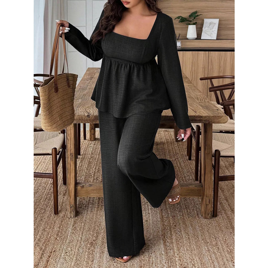 Plus Size Square Neck Long Sleeve Top and Pants Two-Piece Set Apparel and Accessories