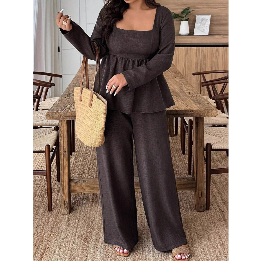 Plus Size Square Neck Long Sleeve Top and Pants Two-Piece Set Apparel and Accessories