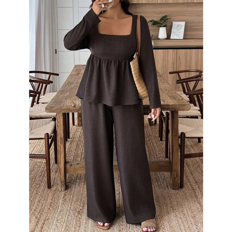 Plus Size Square Neck Long Sleeve Top and Pants Two-Piece Set Apparel and Accessories