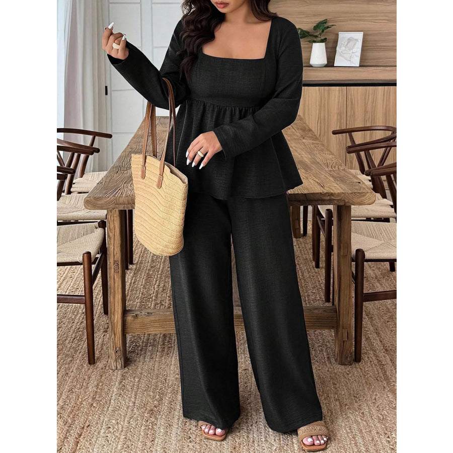 Plus Size Square Neck Long Sleeve Top and Pants Two-Piece Set Black / XL Apparel and Accessories