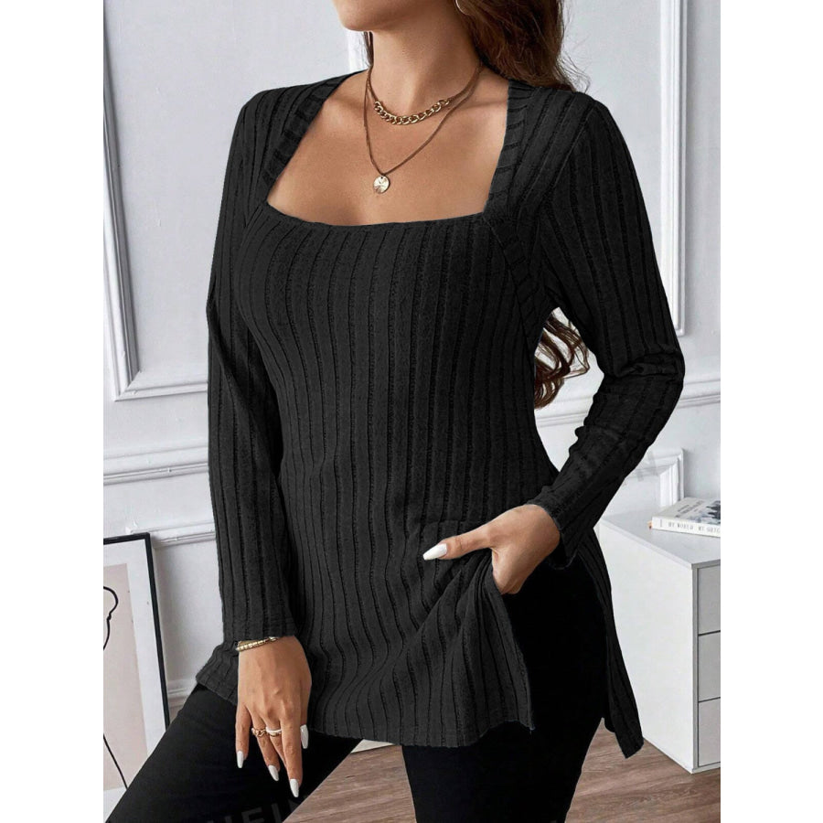 Plus Size Square Neck Long Sleeve Top Black / 1XL Apparel and Accessories