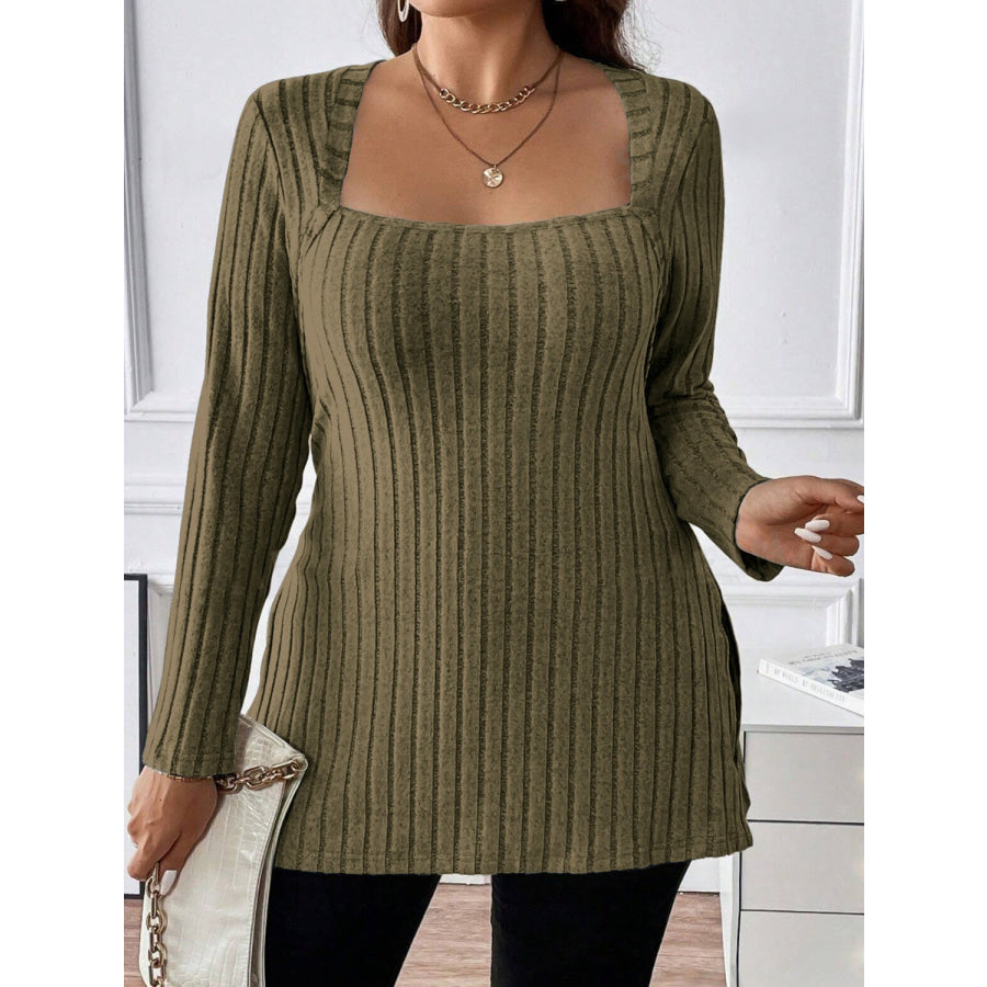 Plus Size Square Neck Long Sleeve Top Moss / 1XL Apparel and Accessories