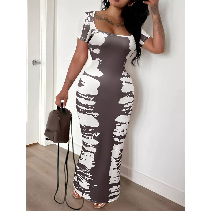 Plus Size Square Neck Short Sleeve Dress Coffee Brown / 1XL Apparel and Accessories