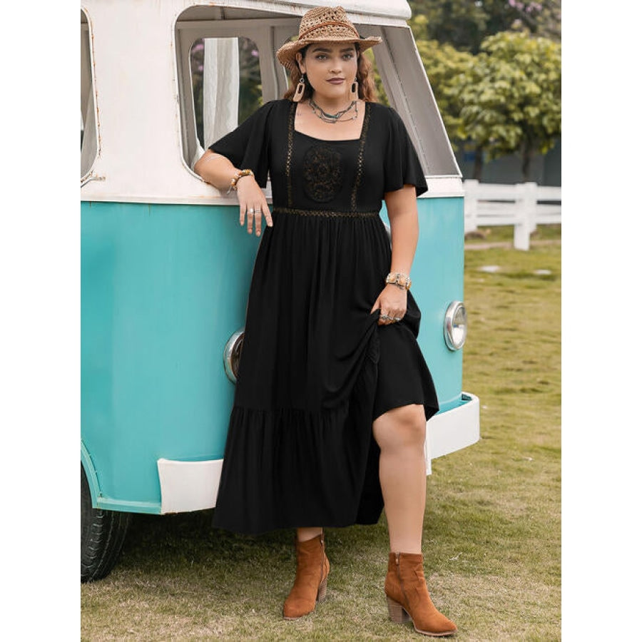 Plus Size Square Neck Short Sleeve Ruffle Hem Dress Black / 0XL Clothing