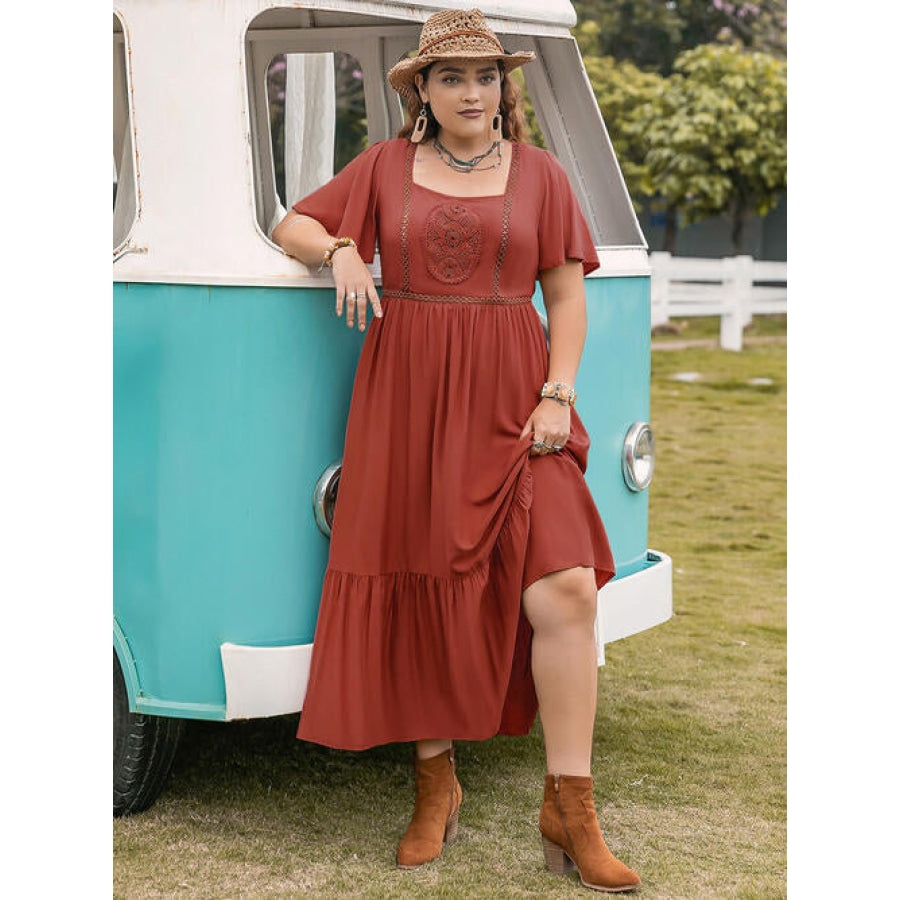 Plus Size Square Neck Short Sleeve Ruffle Hem Dress Chestnut / 0XL Clothing