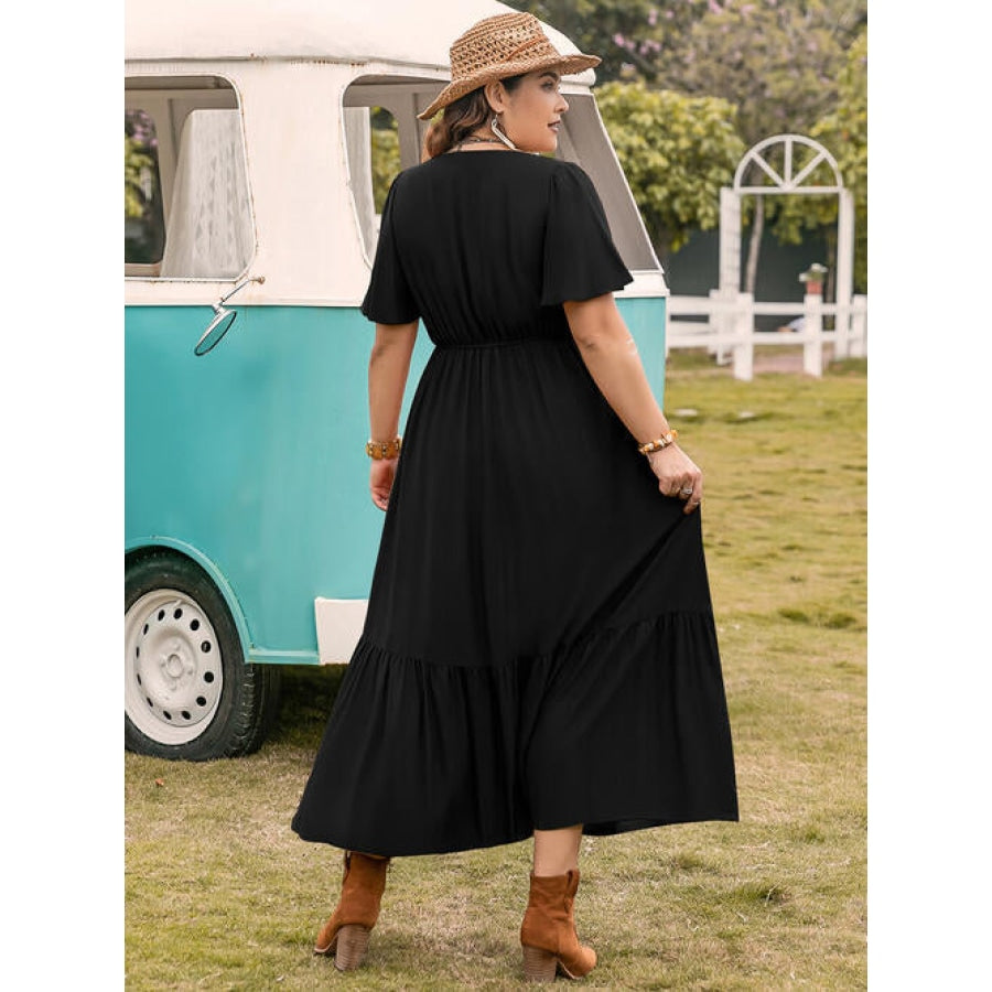 Plus Size Square Neck Short Sleeve Ruffle Hem Dress Clothing