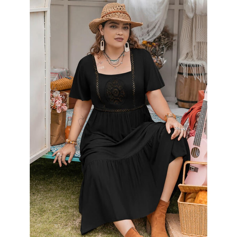 Plus Size Square Neck Short Sleeve Ruffle Hem Dress Clothing