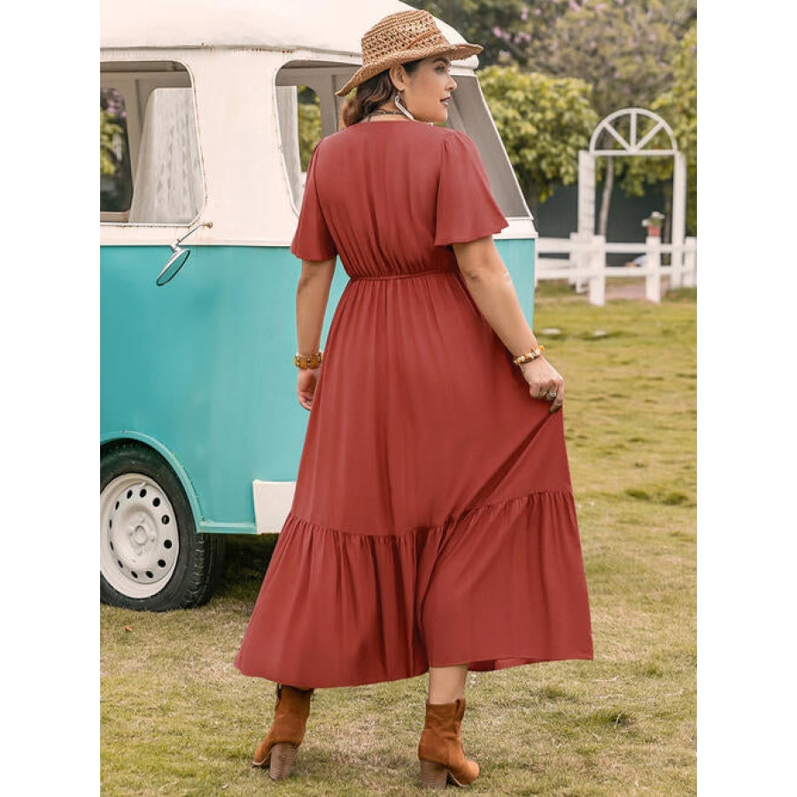 Plus Size Square Neck Short Sleeve Ruffle Hem Dress Clothing