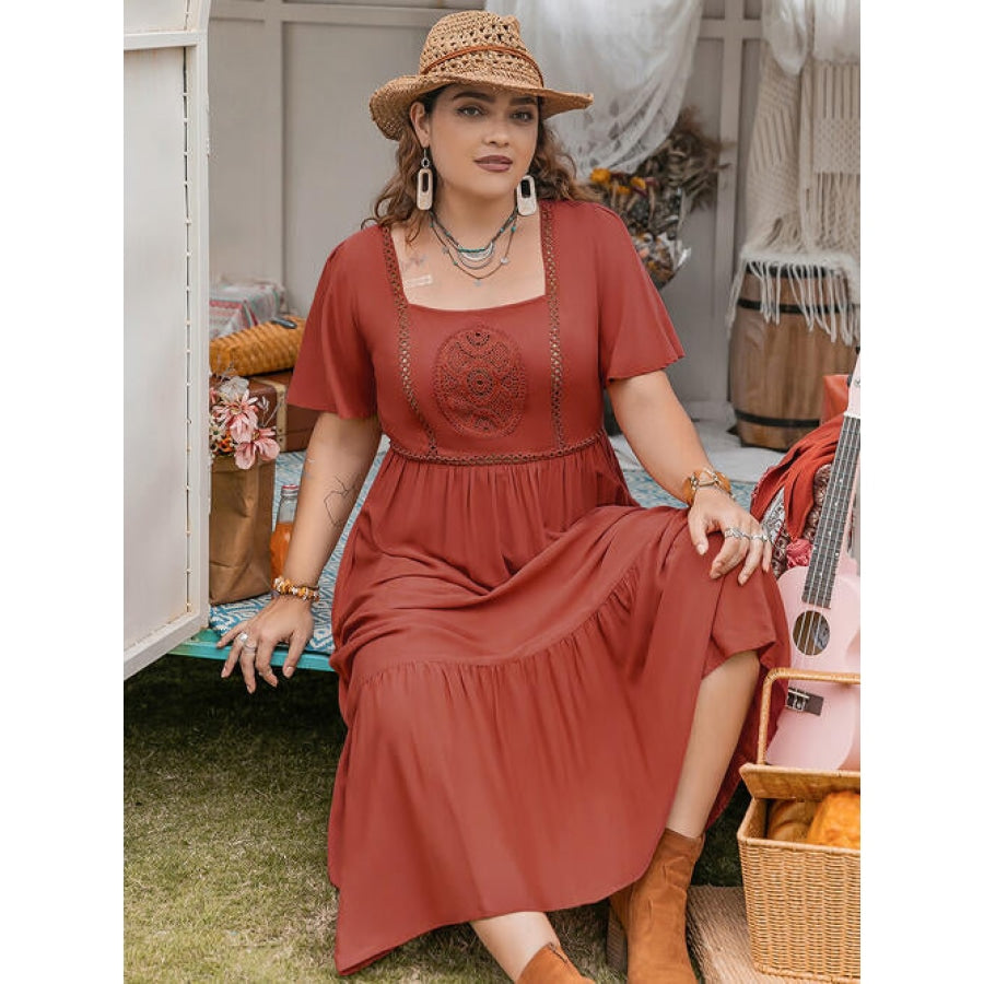 Plus Size Square Neck Short Sleeve Ruffle Hem Dress Clothing