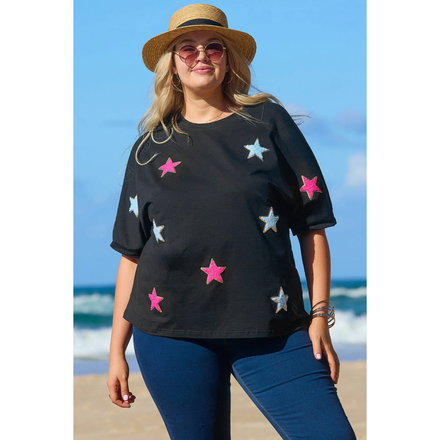 Plus Size Star Round Neck Half Sleeve T-Shirt Black / 1XL Apparel and Accessories