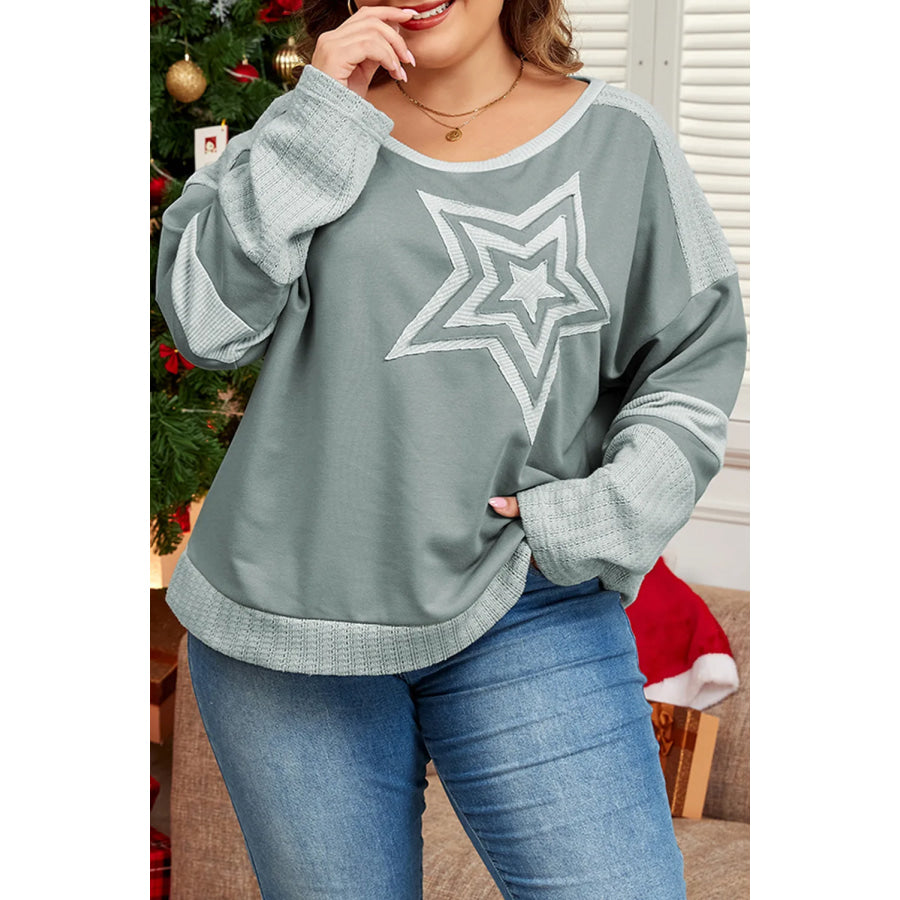 Plus Size Star Round Neck Long Sleeve Top Sage / 1XL Apparel and Accessories