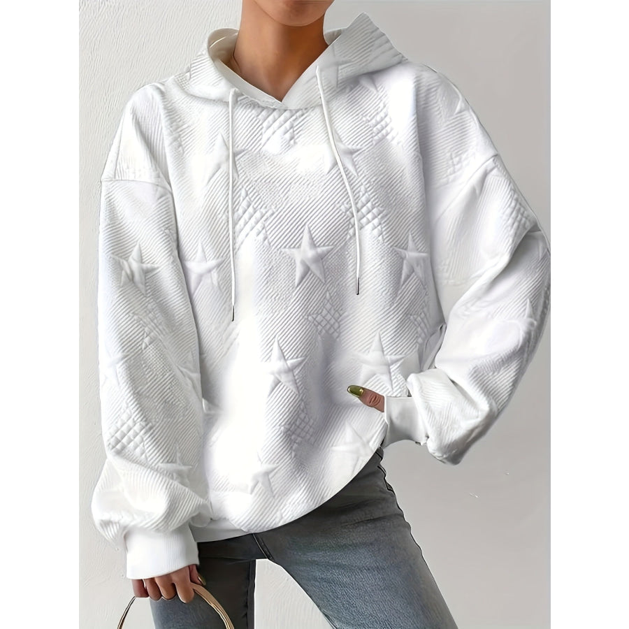 Plus Size Star Texture Long Sleeve Drawstring Hoodie White / XL Apparel and Accessories