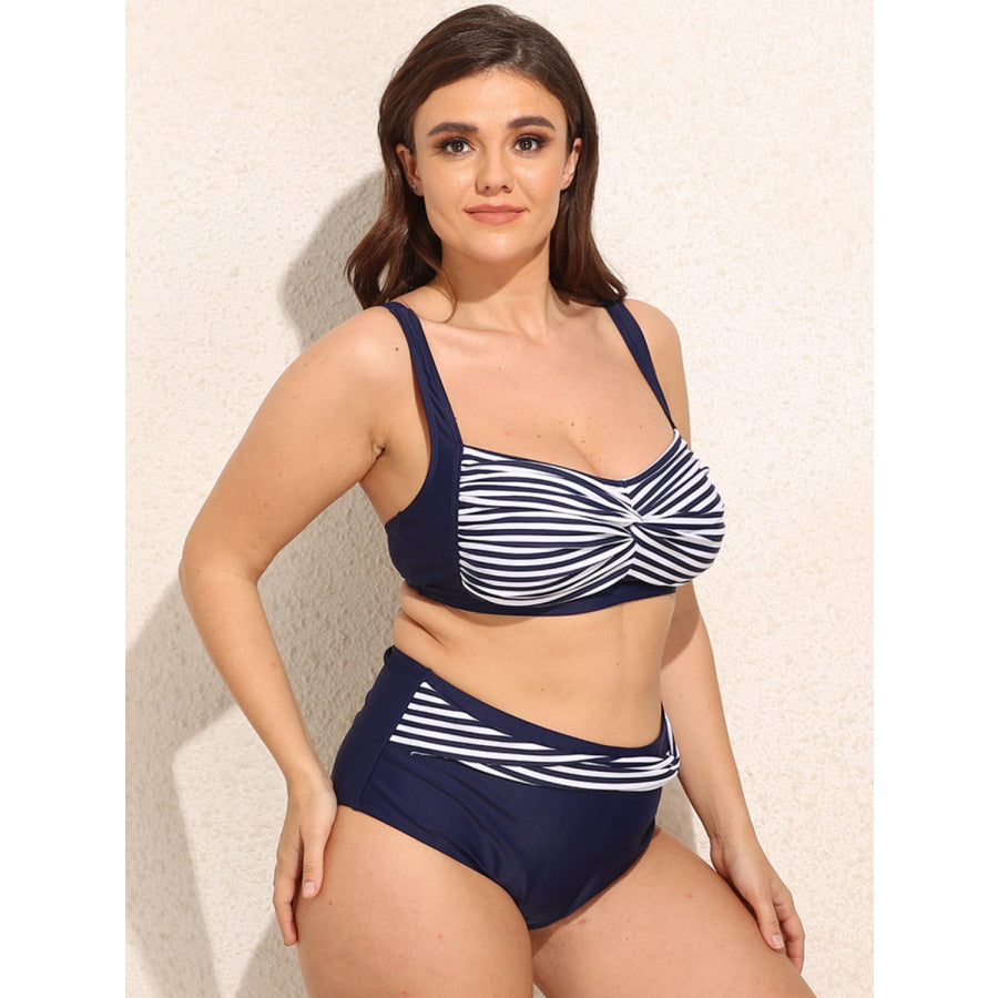 Plus Size Striped Adjustable Strap Two-Piece Swim Set Apparel and Accessories