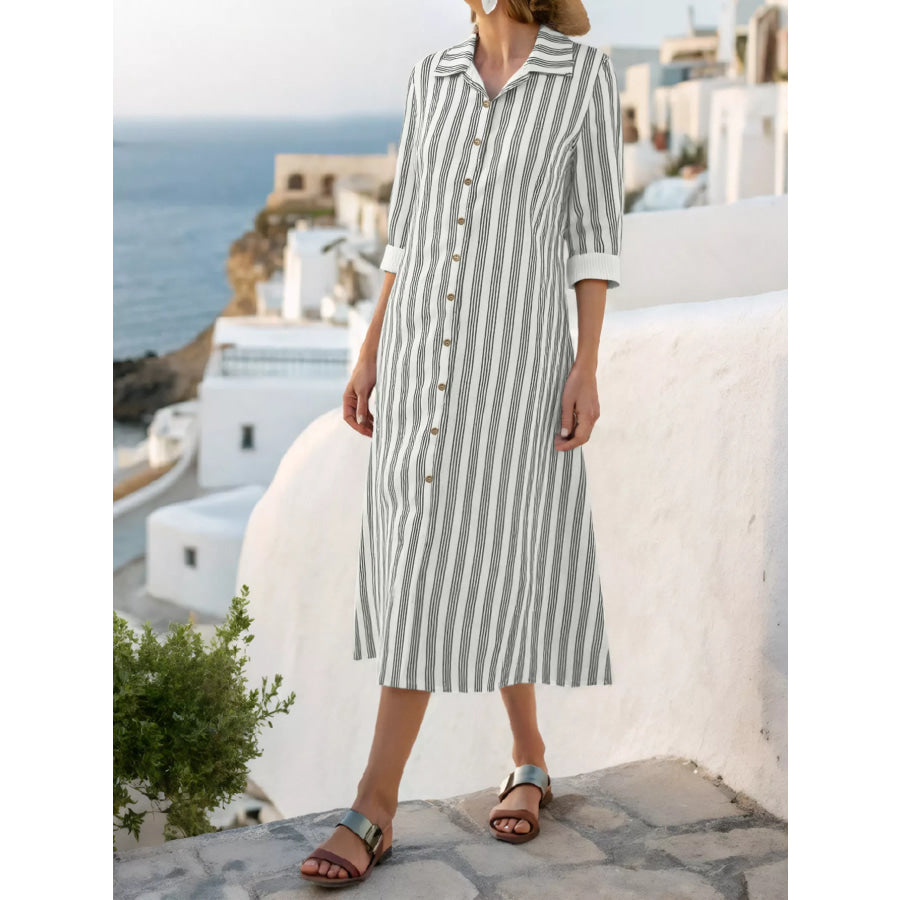 Plus Size Striped Button Front Midi Dress Apparel and Accessories