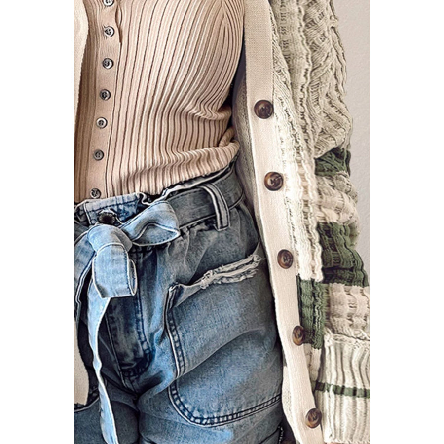Plus Size Striped Button Up Dropped Shoulder Cardigan Apparel and Accessories