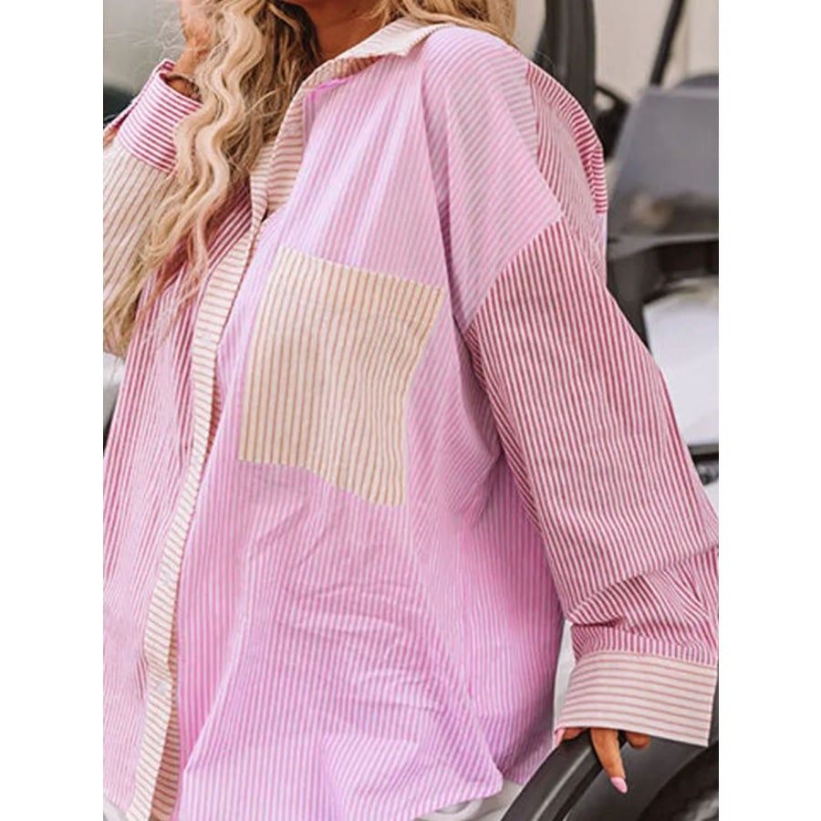 Plus Size Striped Collared Neck Long Sleeve Shirt Apparel and Accessories