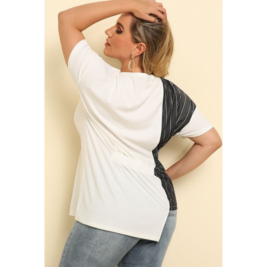 Plus Size Striped Color Block Asymmetrical T-Shirt White/Black / XL