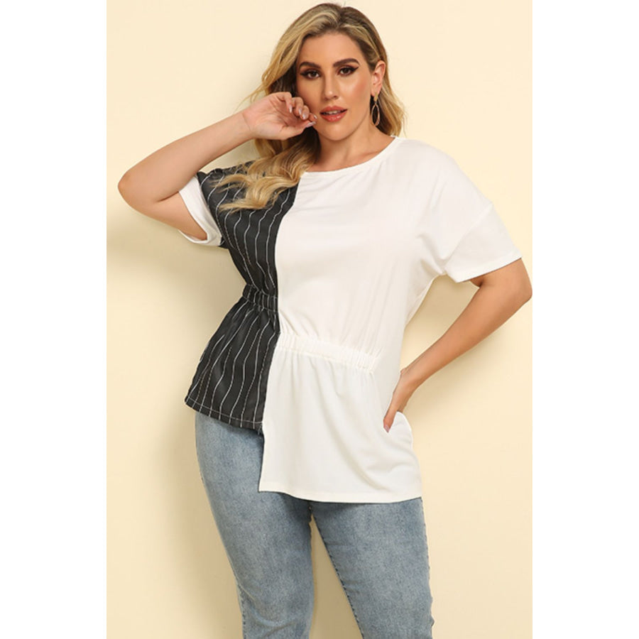 Plus Size Striped Color Block Asymmetrical T-Shirt White/Black / XL