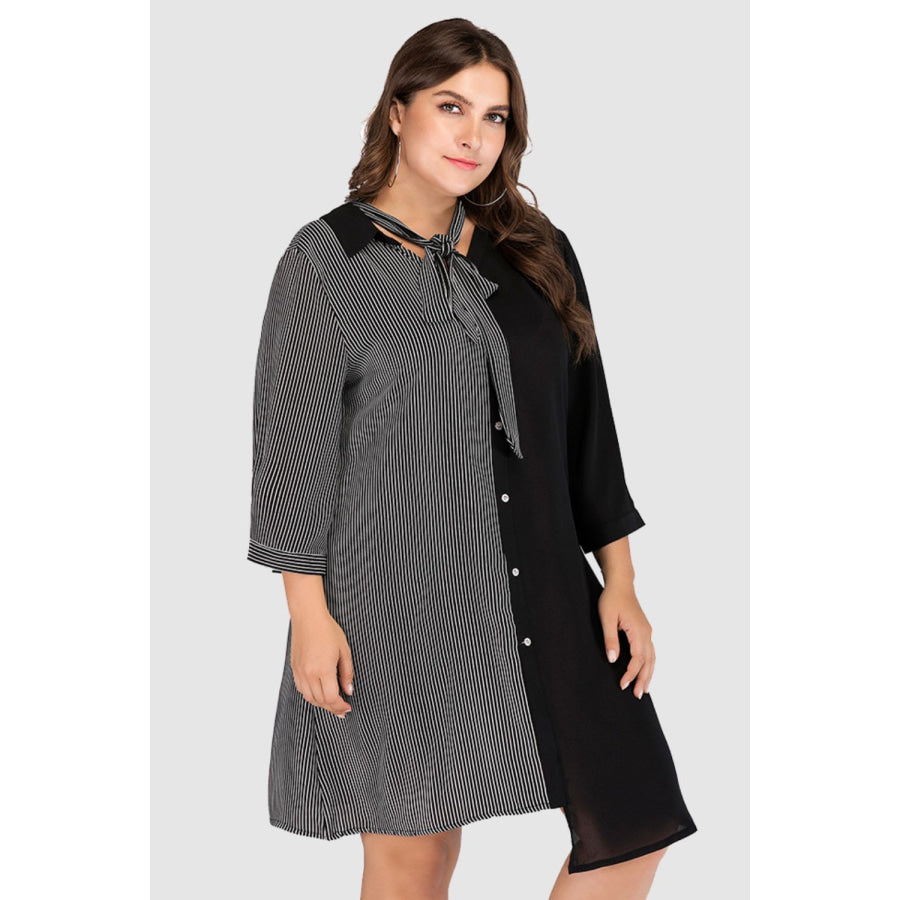 Plus Size Striped Color Block Tie-Neck Dress