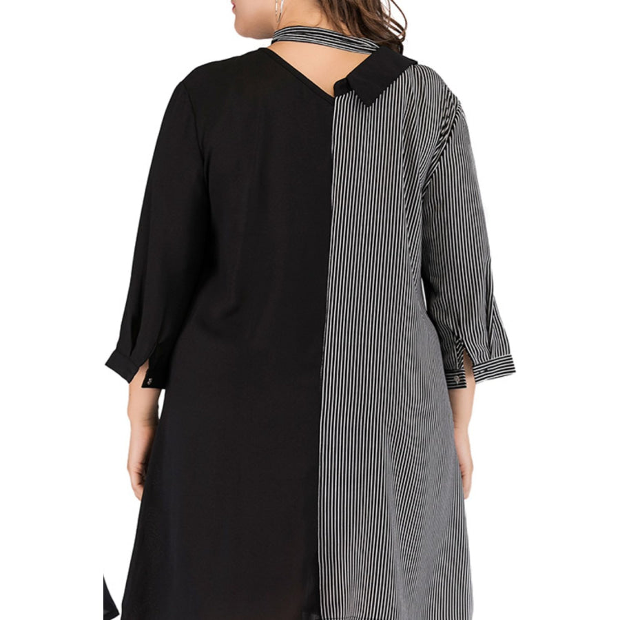 Plus Size Striped Color Block Tie-Neck Dress