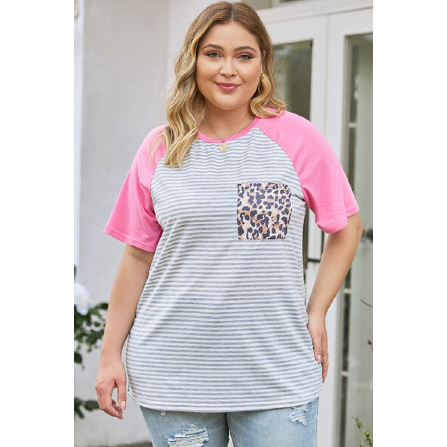 Plus Size Striped Leopard Round Neck T-Shirt Carnation Pink / 1XL Clothing