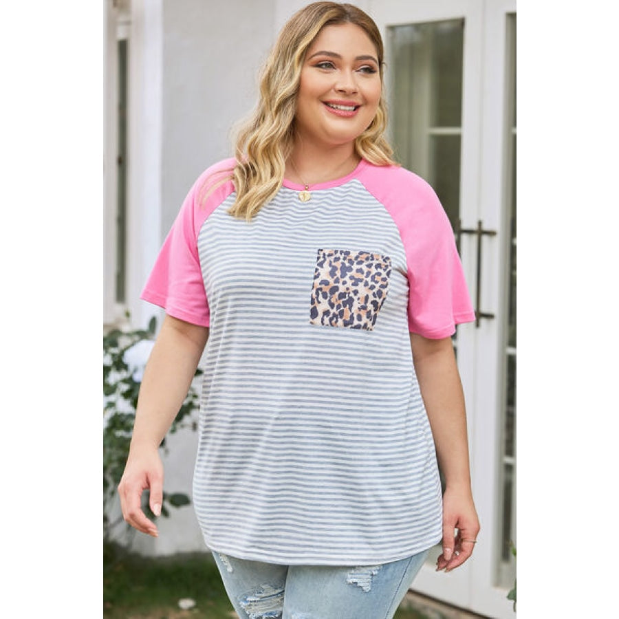 Plus Size Striped Leopard Round Neck T-Shirt Clothing