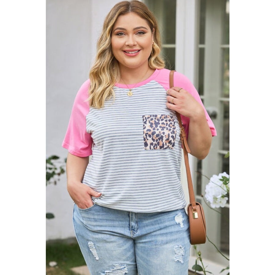 Plus Size Striped Leopard Round Neck T-Shirt Clothing