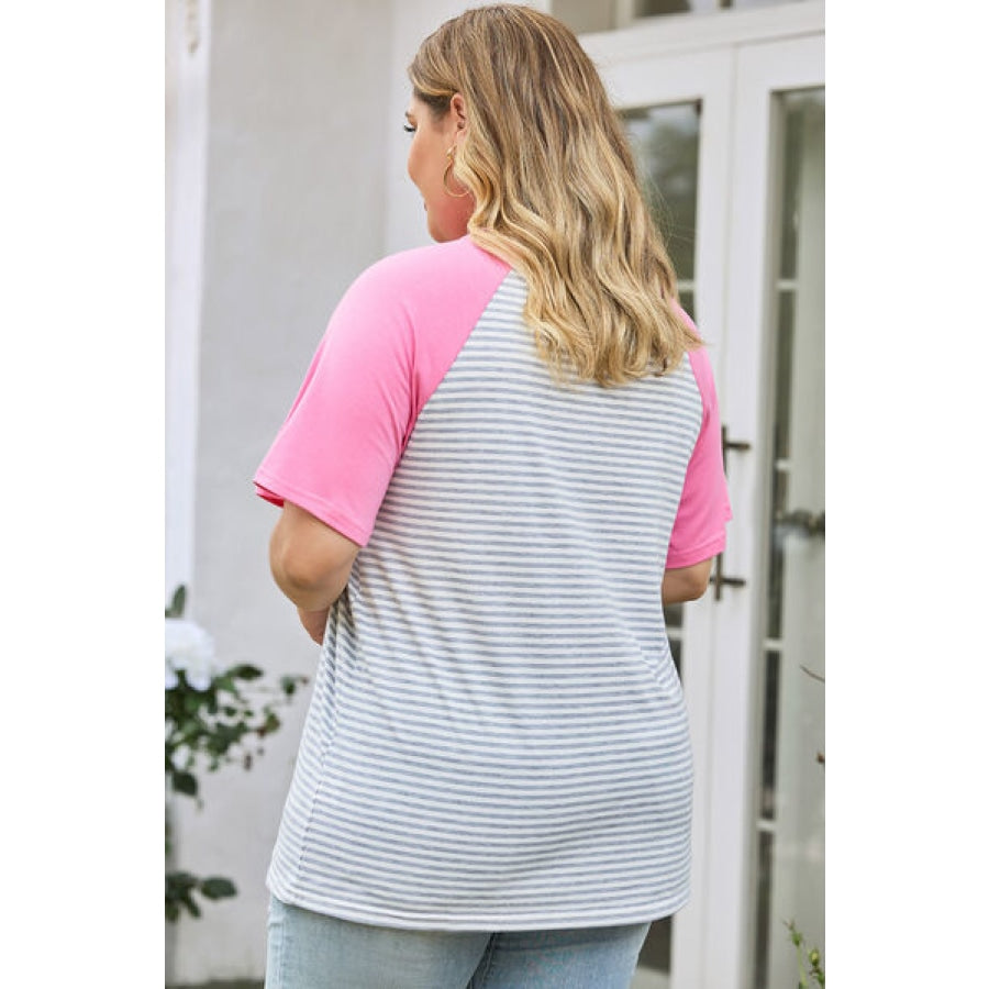 Plus Size Striped Leopard Round Neck T-Shirt Clothing