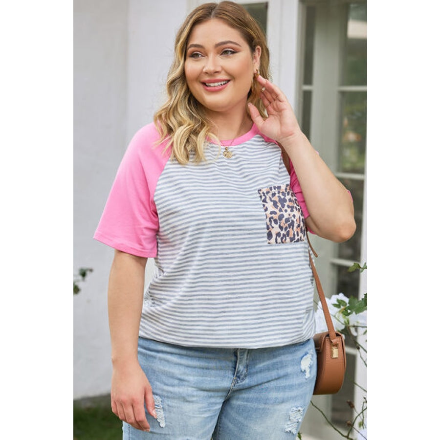 Plus Size Striped Leopard Round Neck T-Shirt Clothing