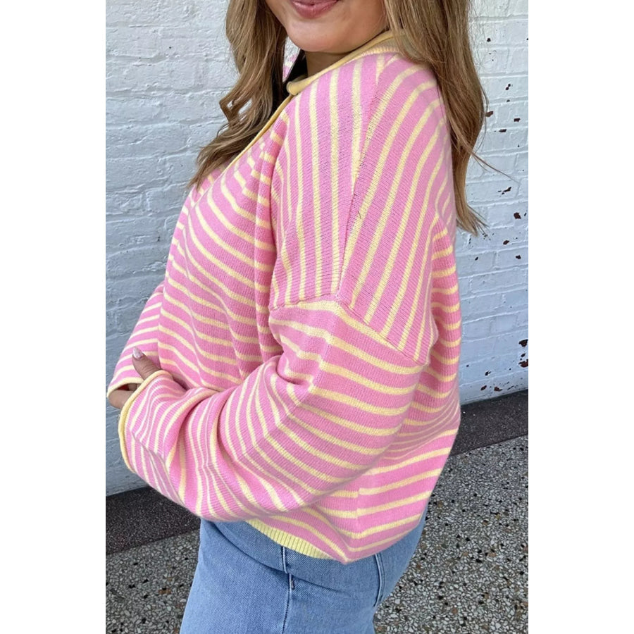 Plus Size Striped Long Sleeve Button Detail Sweater Apparel and Accessories