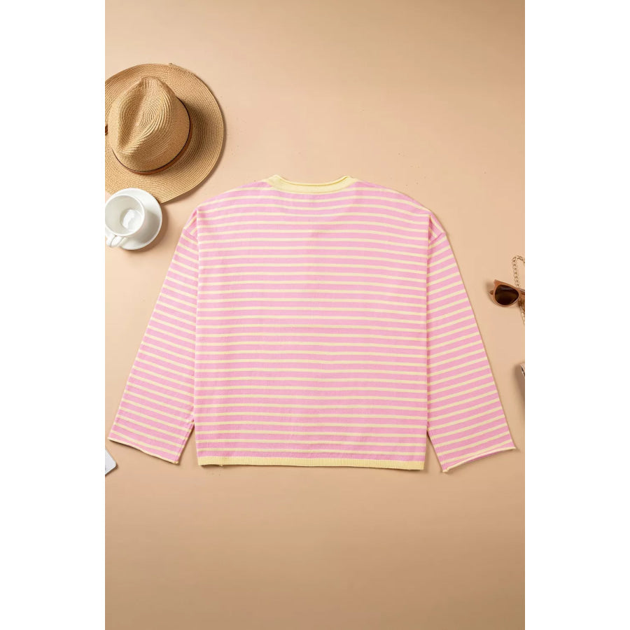 Plus Size Striped Long Sleeve Button Detail Sweater Apparel and Accessories