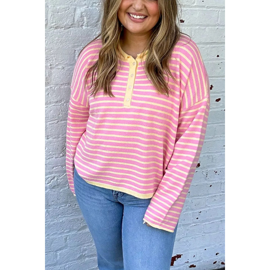 Plus Size Striped Long Sleeve Button Detail Sweater Apparel and Accessories
